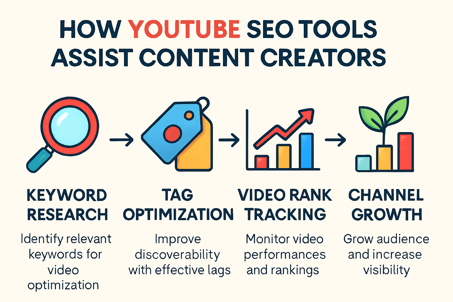 how YouTube SEO tools help find good keywords, add the right tags, check video ranks, and grow your channel.