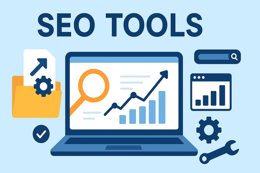“Illustration of SEO tools with laptop, graphs, magnifying glass, and settings icons.”