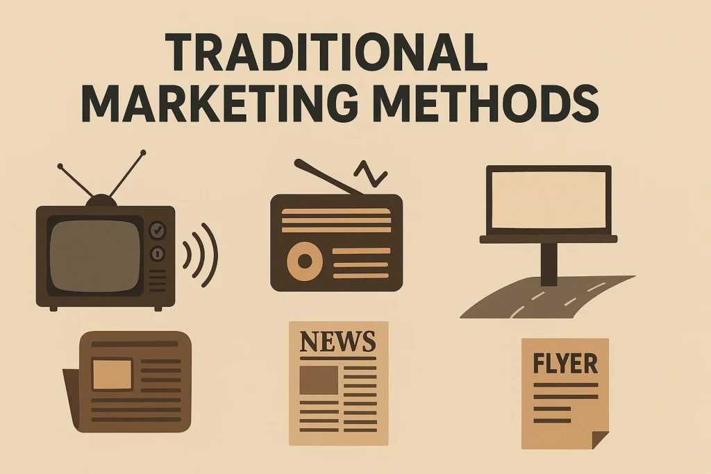 Infographic of traditional marketing methods featuring TV commercials, radio, billboards, newspapers, magazines, and direct mail flyers. traditional marketing vs digital marketing