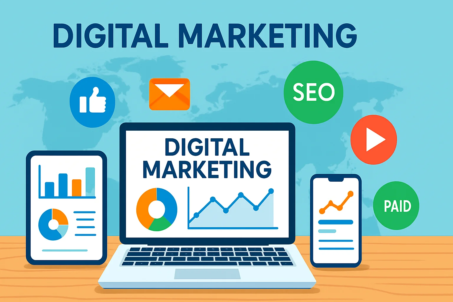 Digital Marketing Services image showing laptop, tablet, and smartphone with analytics charts, surrounded by icons for SEO, paid advertising, email marketing, video marketing, and social media engagement, representing best digital marketing strategies, online presence growth, and internet marketing campaigns for businesses