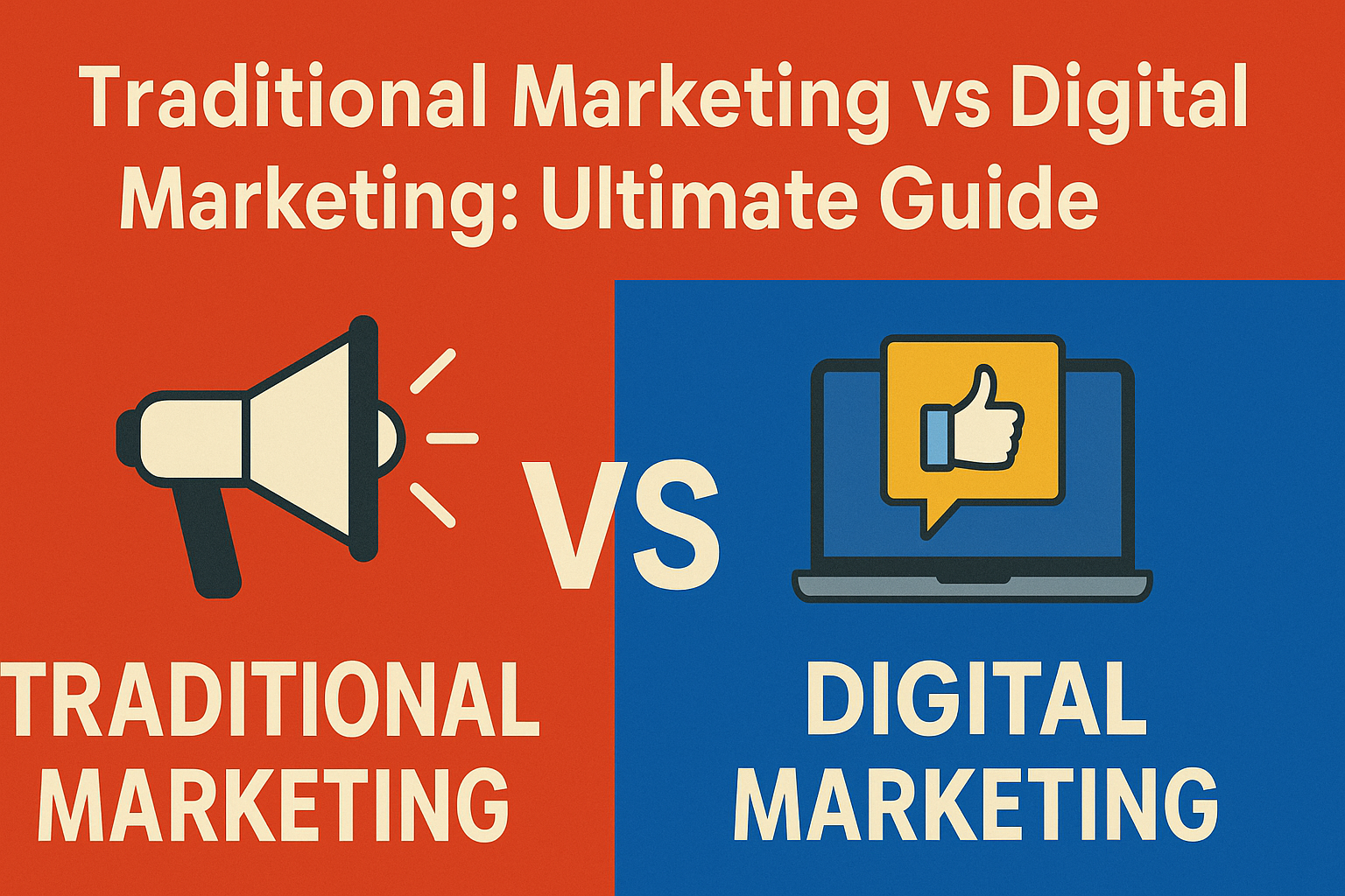 Infographic-style feature image for blog: traditional vs digital marketing illustrated with clear symbols.