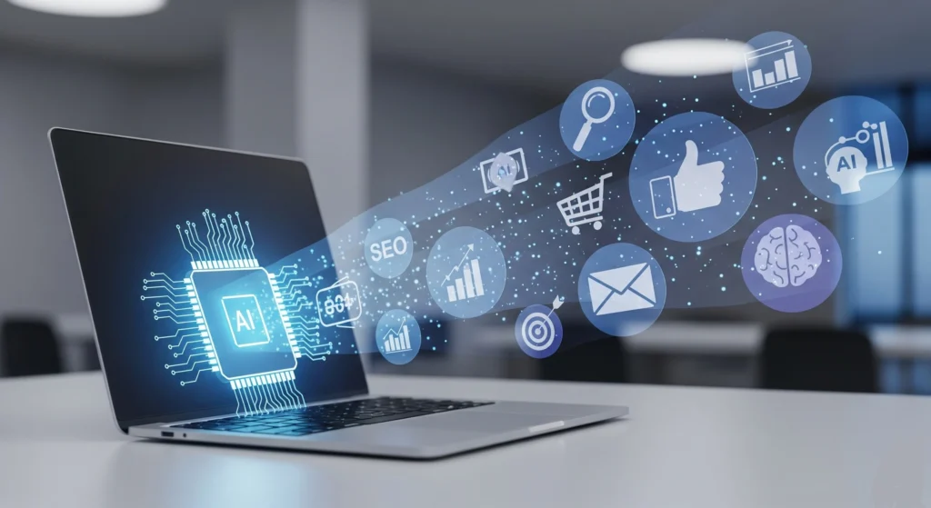 A creative visual representing digital marketing with AI, showing a laptop with a glowing microchip and a flow of various marketing icons like social media, search, and analytics.