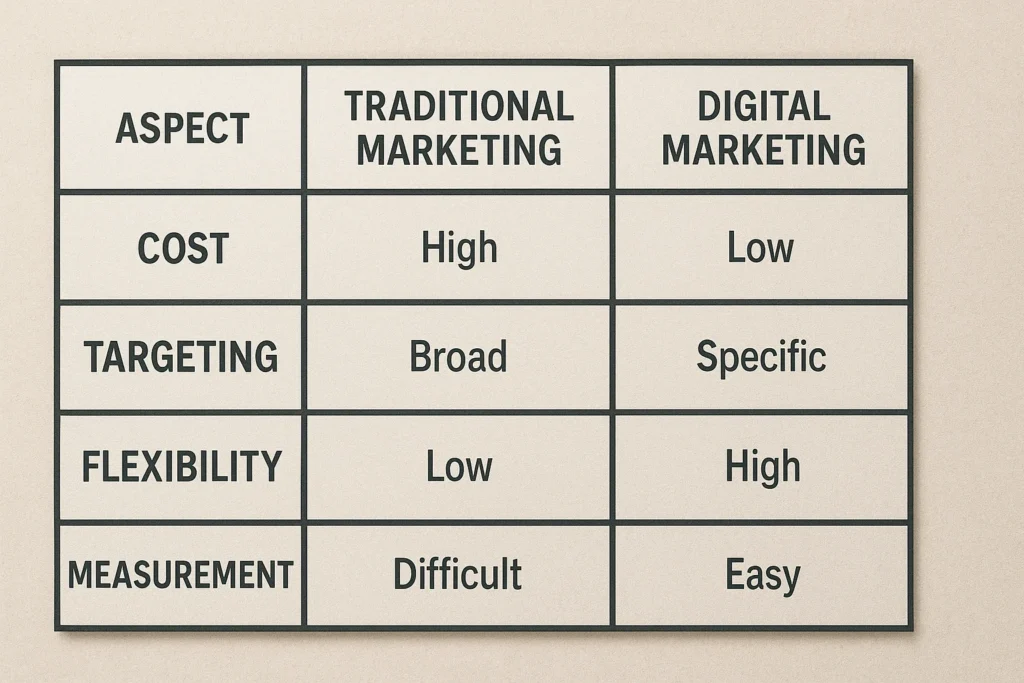 Comparison table showing differences between Traditional Marketing and Digital Marketing in cost, targeting, flexibility, and measurement.