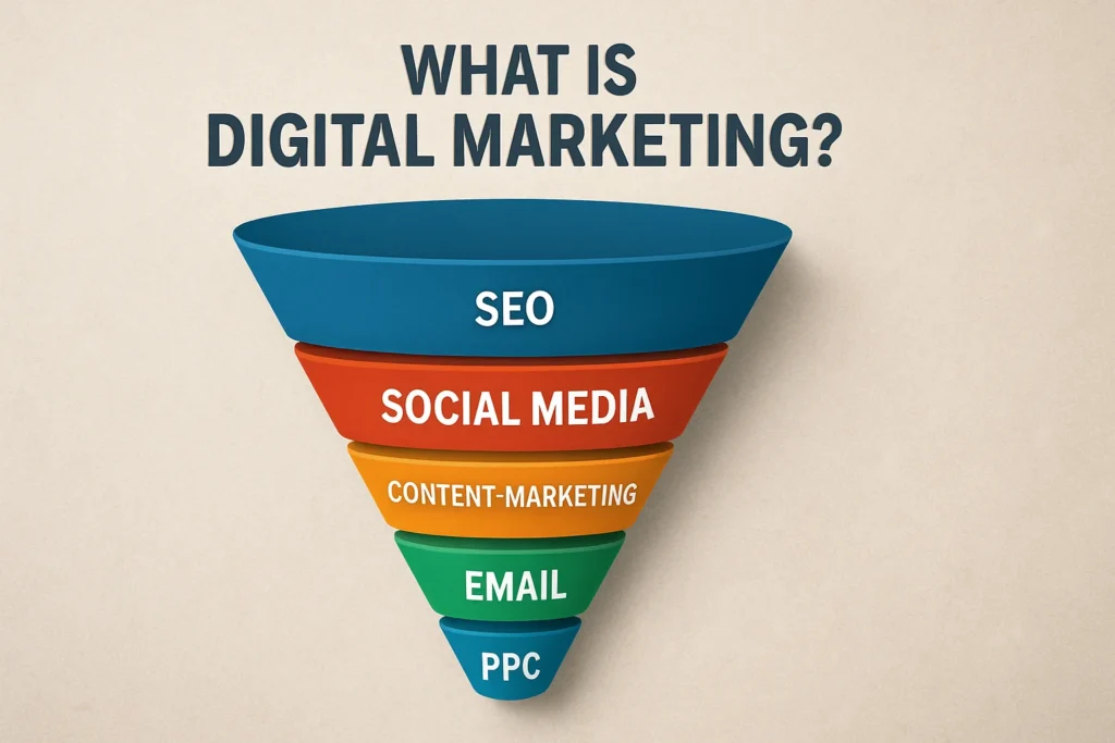 Digital marketing funnel infographic showing five key strategies: SEO at the top, followed by Social Media, Content Marketing, Email, and PPC.