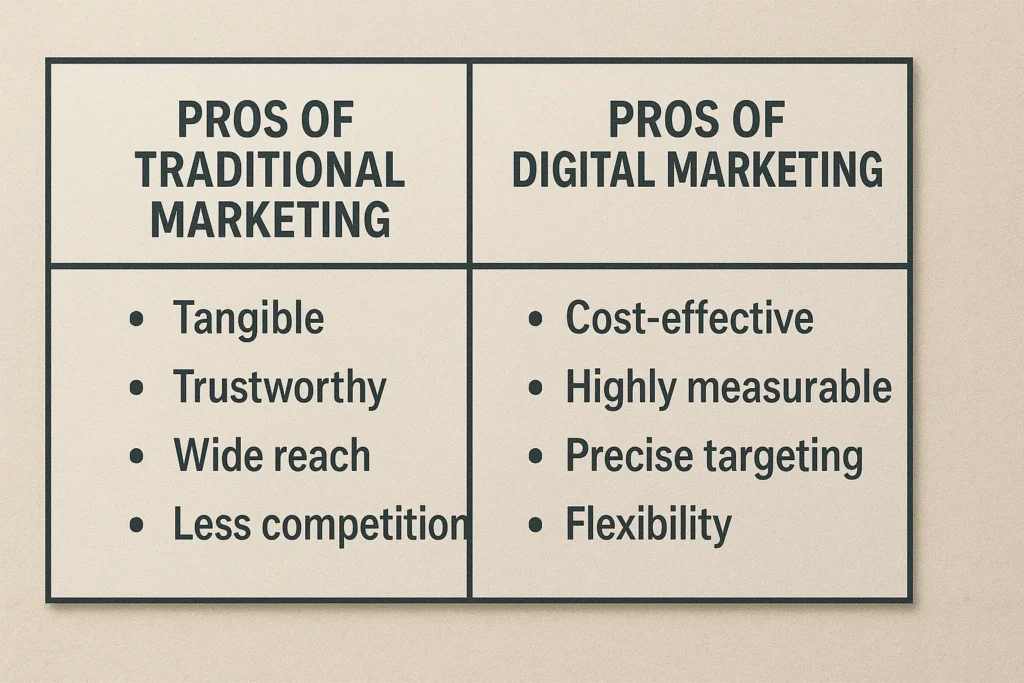 Infographic comparison of pros of Traditional Marketing (tangible, trustworthy, wide reach, less competition) vs Digital Marketing (cost-effective, measurable, precise targeting, flexibility).