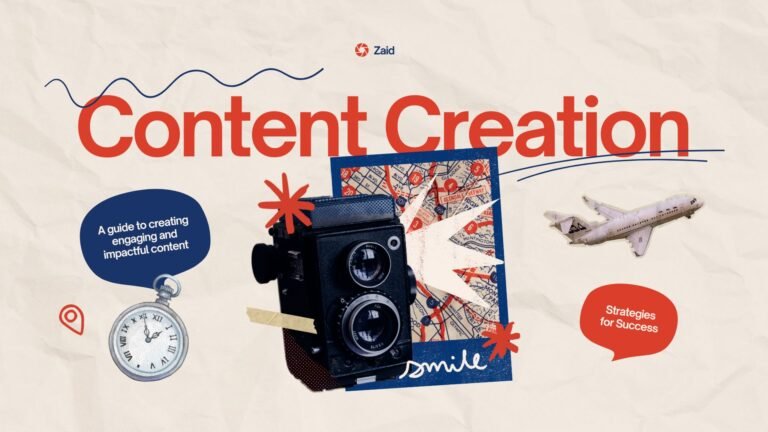 Content Creation blog featured image with bold typography, vintage camera, travel map, airplane, and creative graphic elements highlighting strategies for success and tips to create engaging and impactful content.