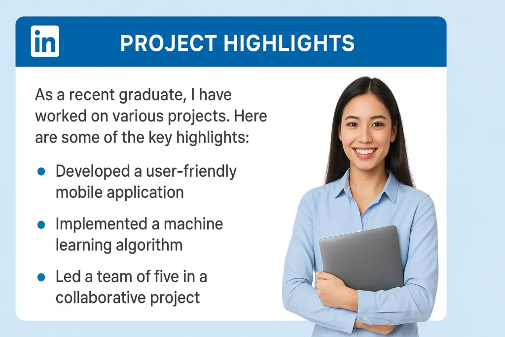 Example of LinkedIn post for freshers showcasing project highlights.
