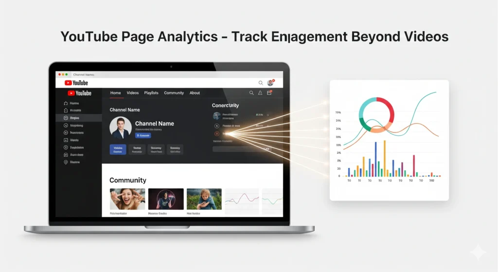 YouTube page analytics dashboard showing playlists and community engagement stats