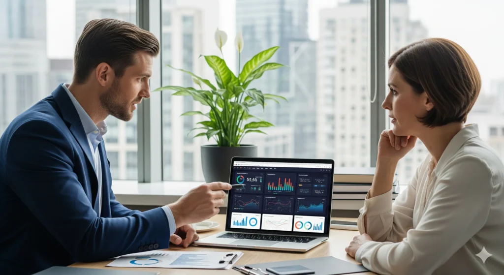 A professional digital marketing consultant explaining a data-driven marketing strategy on a laptop to a client.