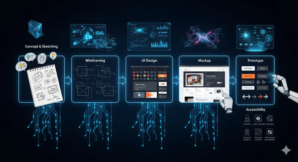 "workflow of types website designing tools combined"