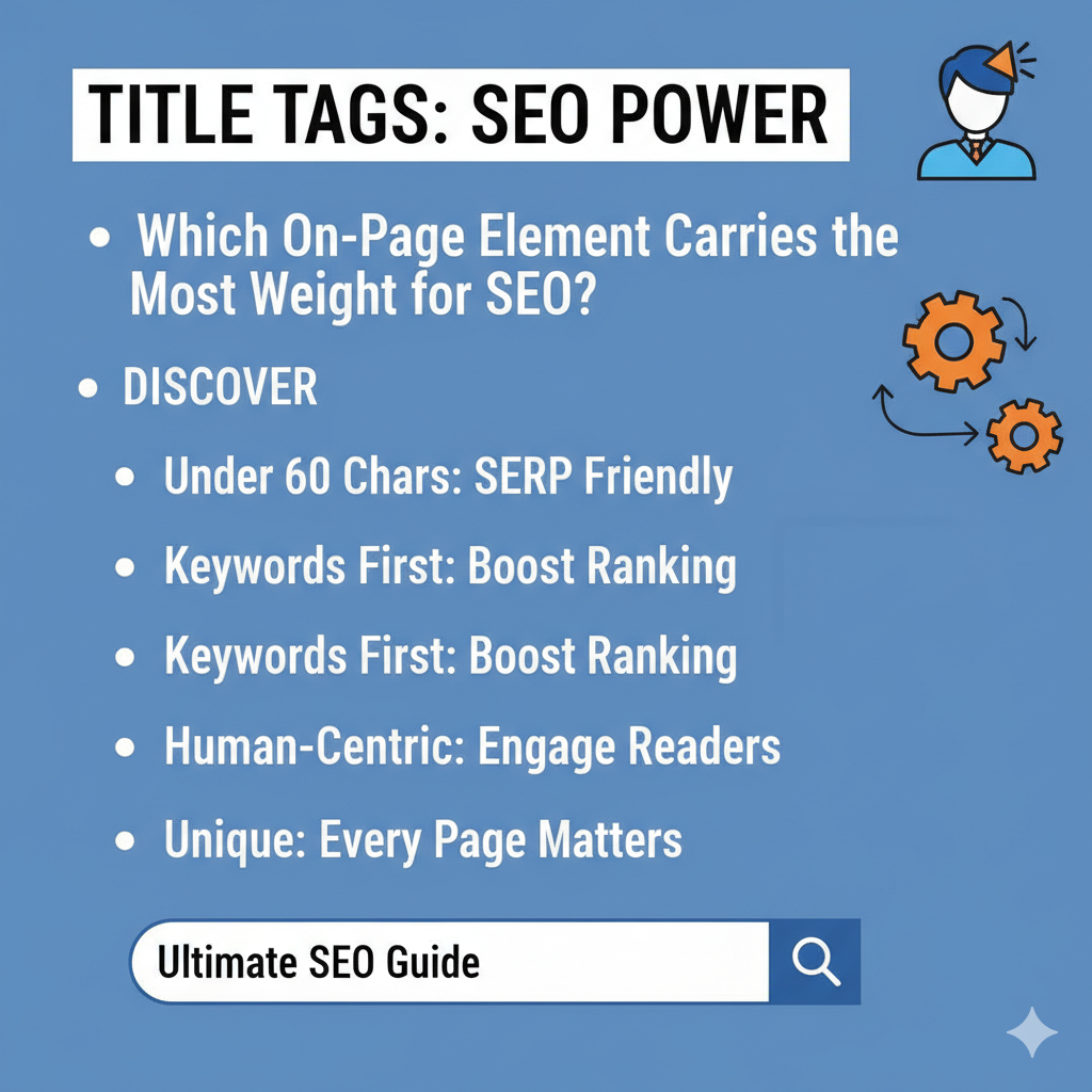 The main points are listed with bullet points: Which On-Page Element Carries the Most Weight for SEO? DISCOVER Under 60 Chars: SERP Friendly Keywords First: Boost Ranking Human-Centric: Engage Readers Unique: Every Page Matters At the bottom is a search bar graphic with "Ultimate SEO Guide" and a magnifying glass. An icon of a person with a thinking cap and two spinning gears are also included.