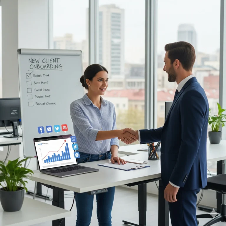 A whiteboard in the background lists "New Client Onboarding." The image represents a successful client acquisition and the start of a digital marketing partnership.