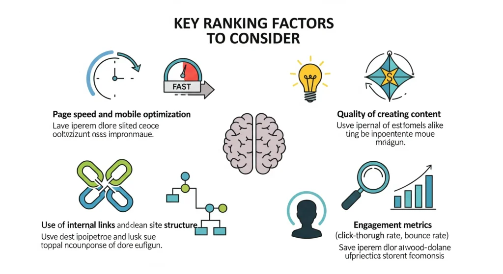 Ranking Factors to Consider Search engines use multiple ranking factors to decide where your website should appear. Some key ones include: Page speed and mobile optimization. Quality of creating content. Use of internal links and clean site structure. SEO ranking factors for higher visibility on SERPs.
