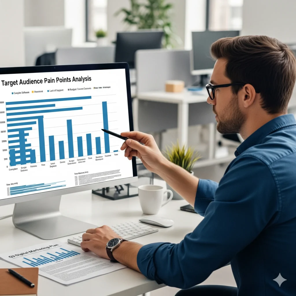 The image illustrates the process of researching and defining client personas, a key step in creating effective digital marketing strategies.