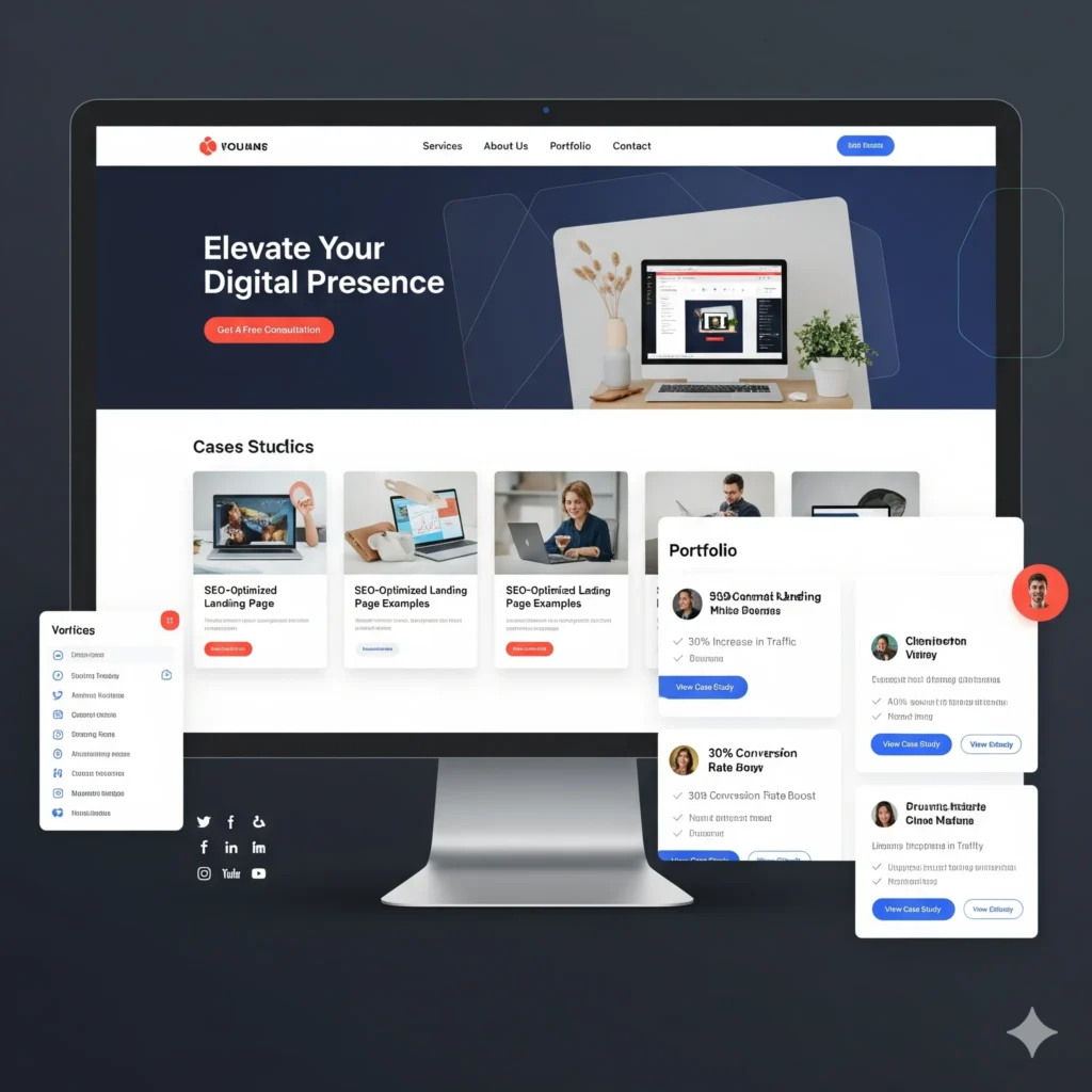 The website features a clean design with SEO-optimized landing pages, social media icons, and a section showcasing case studies with impressive results.