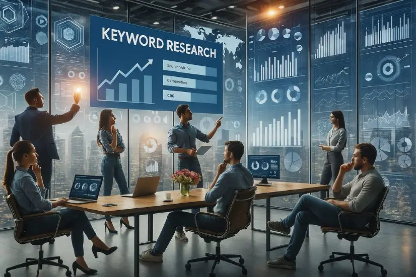 A digital marketing team collaboratively analyzing keyword research metrics in a high-tech meeting room