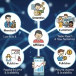 Title image showing the benefits of affiliate marketing with online sales growth, digital partnerships, and passive income opportunities