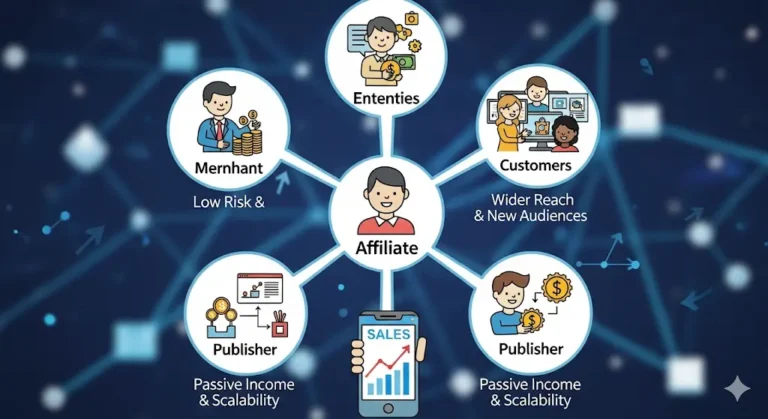 Title image showing the benefits of affiliate marketing with online sales growth, digital partnerships, and passive income opportunities