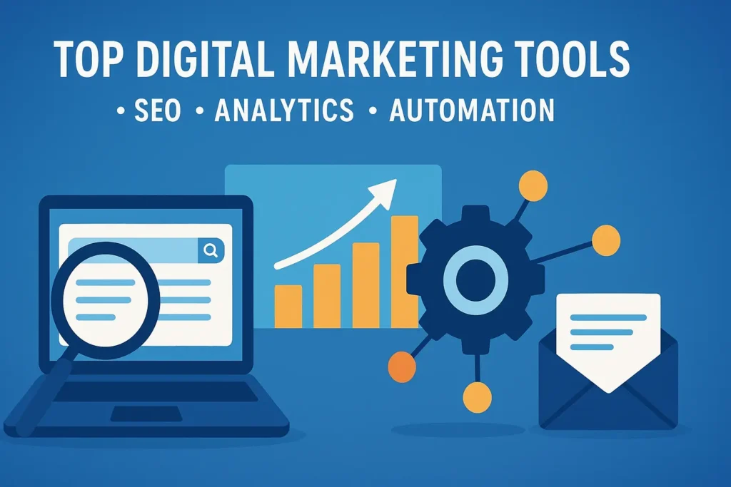 Top digital marketing tools with features like SEO, analytics, automation