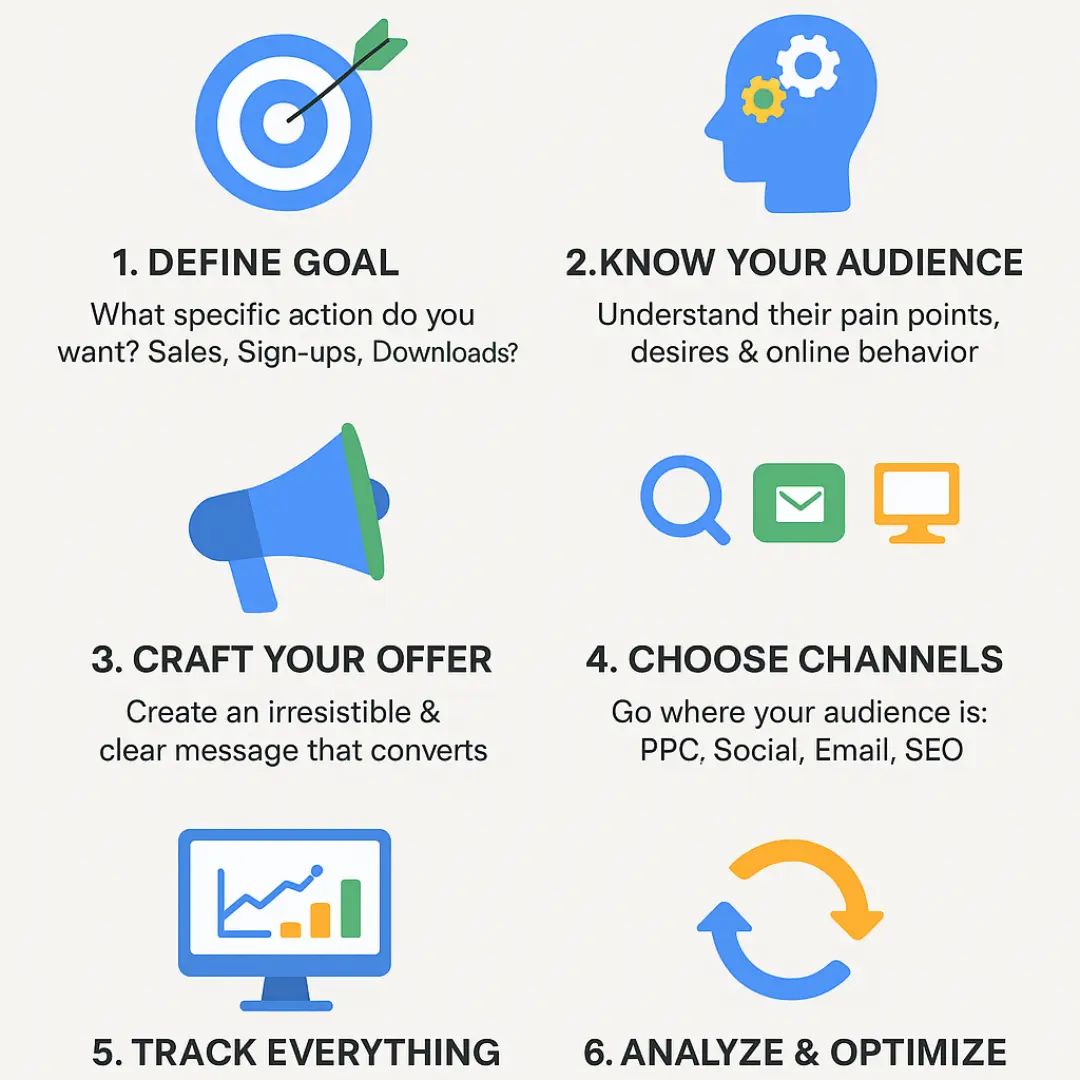 An infographic outlining six steps for a marketing strategy, featuring icons for: 1. Define Goal (target), 2. Know Your Audience (head with gears), 3. Craft Your Offer (megaphone), 4. Choose Channels (magnifying glass, envelope, monitor), 5. Track Everything (monitor with chart), and 6. Analyze & Optimize (circular arrows).