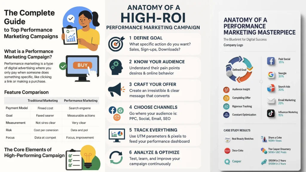 Infographic explaining the anatomy of a high-ROI performance marketing campaign. It includes a comparison between traditional marketing and performance marketing, key steps for building a high-performing campaign such as defining goals, knowing your audience, crafting offers, choosing channels, tracking everything, and analyzing & optimizing. The image also shows a performance marketing masterpiece framework with key channels like paid social, search ads, email marketing, and influencer marketing, along with case study results from brands like Dove, Coca-Cola, and Casper."