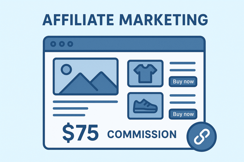 Affiliate marketing strategy with blog links and commission-based sales.