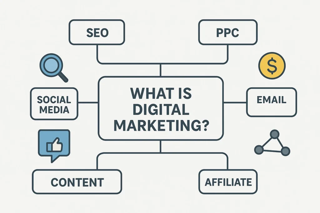 What is digital marketing and its types illustrated with main strategies. and types of digital marketing