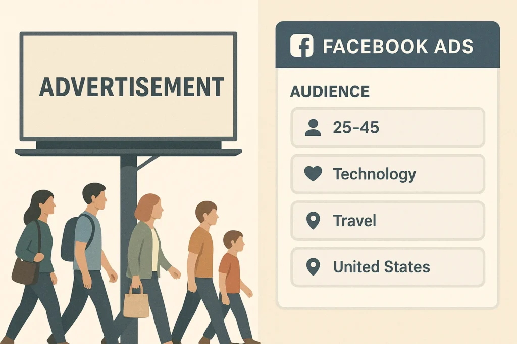 Billboard with random audience versus Facebook ads with precise targeting.