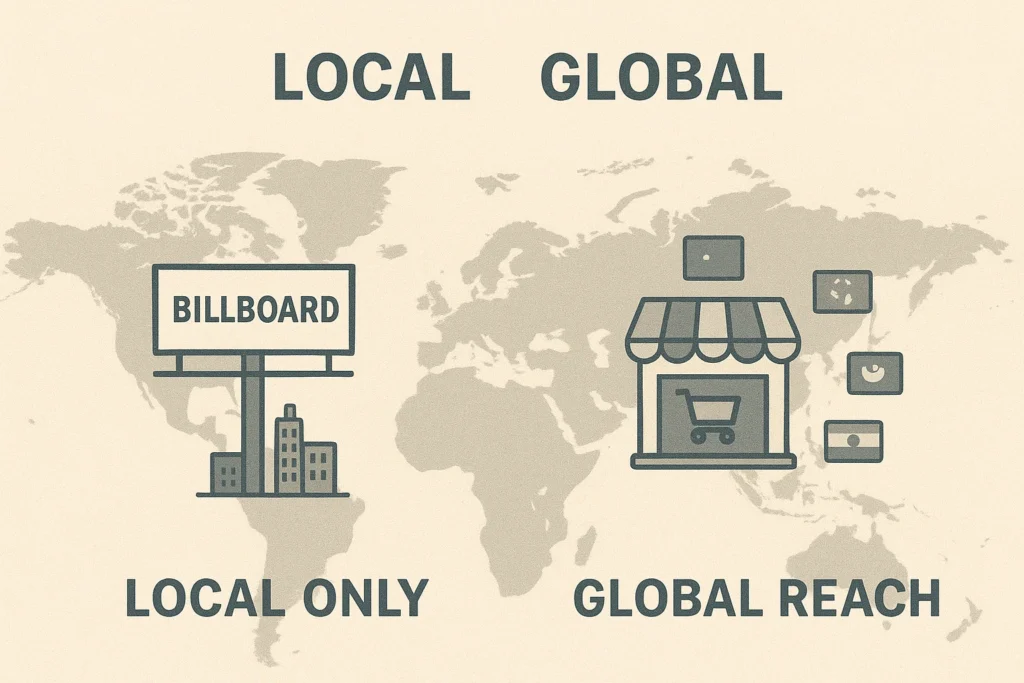 Traditional marketing limited to local reach vs digital marketing global reach