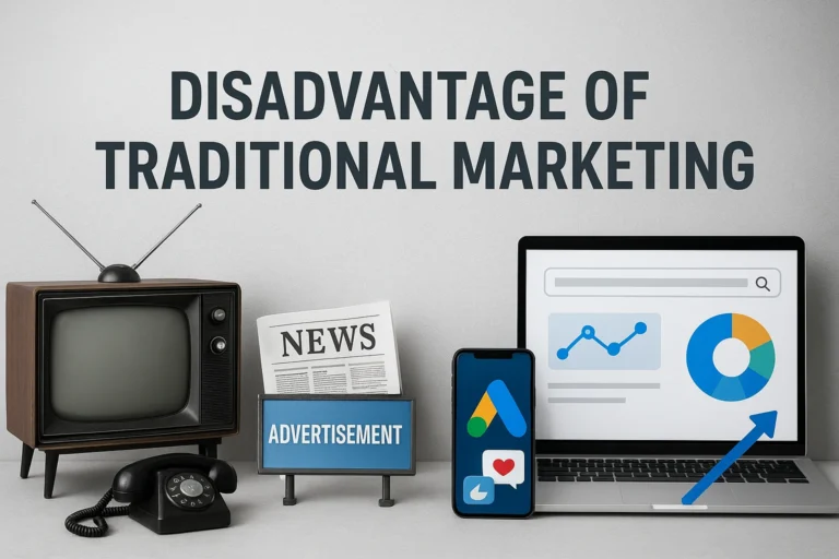 "Featured image showing traditional marketing tools like a vintage TV, newspaper, billboard, and rotary phone contrasted with digital marketing elements such as a smartphone with social media icons and a laptop displaying analytics, highlighting the disadvantages of traditional marketing."