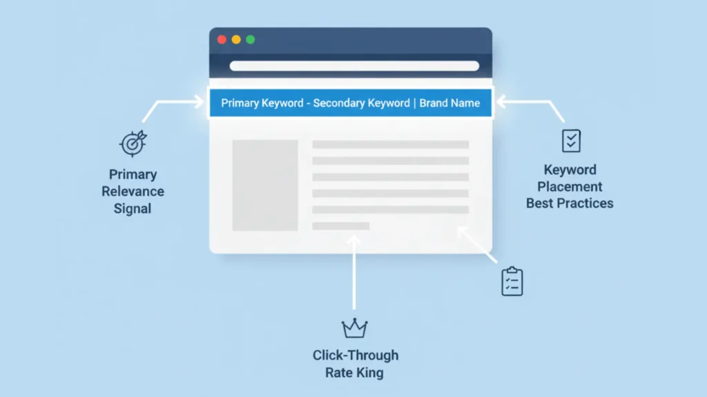 An illustration titled "Primary Keyword - Secondary Keyword | Brand Name" shows a web page with various elements labeled. A blue bar at the top represents the title, indicating "Primary Keyword - Secondary Keyword | Brand Name." Arrows point to this bar from text on the left saying "Primary Relevance Signal" and on the right saying "Keyword Placement Best Practices." Below the web page is text that says "Click-Through Rate King
