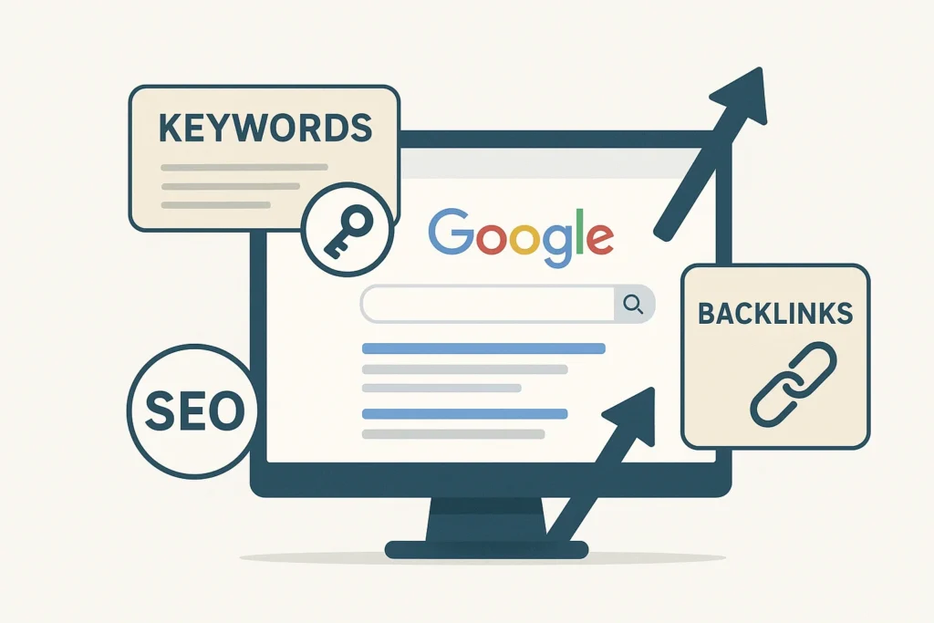 Search engine optimization SEO strategy with keywords, backlinks, and ranking improvement.