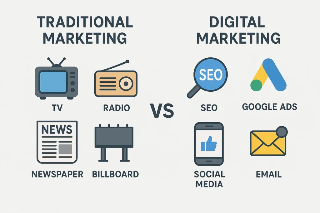 Traditional marketing vs digital marketing comparison chart with examples.