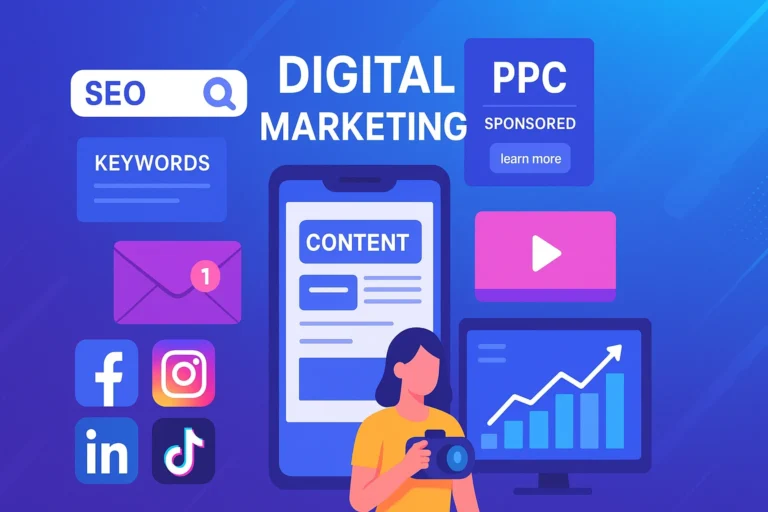 Types of digital marketing illustration including SEO, PPC, social media, email, content, influencer, and analytics.